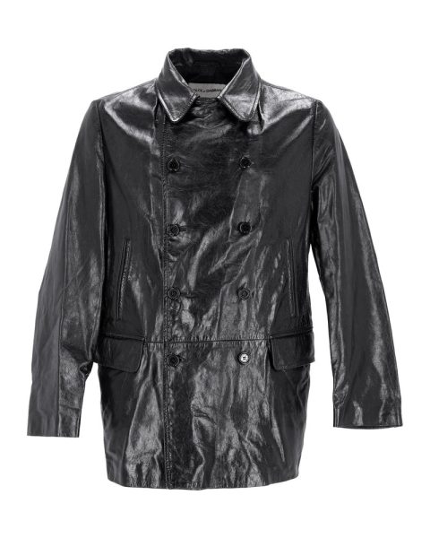 Dolce & Gabbana Double-Breasted Coat in Black Leather 7748704895036