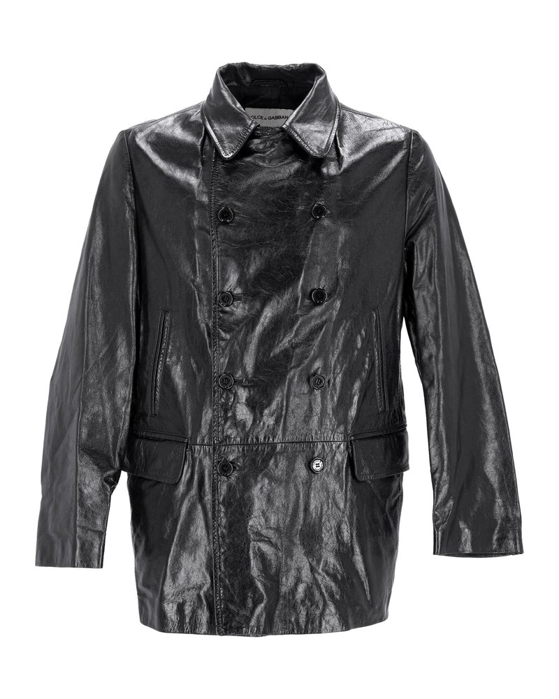 Dolce & Gabbana Double-Breasted Coat in Black Leather 7748704895036