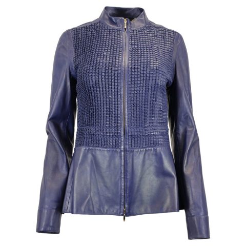 Escada Textured-Front Jacket in Navy Blue Leather 7748700602428