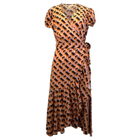 Diane Von Furstenberg Ruffled Printed Midi Wrap Dress in Orange Linen Blend 7748700897340