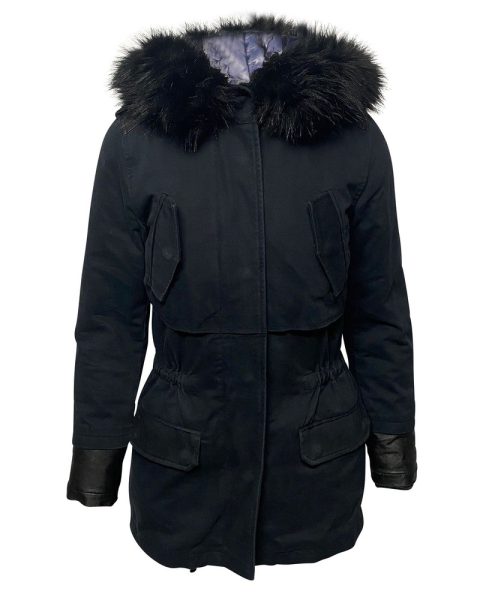 Maje Long Down Jacket with Fur Trim Hoodie in Blue Nylon 7748705976380