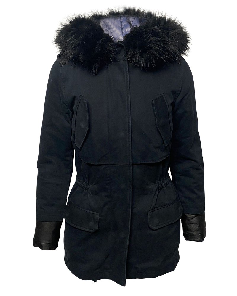 Maje Long Down Jacket with Fur Trim Hoodie in Blue Nylon 7748705976380