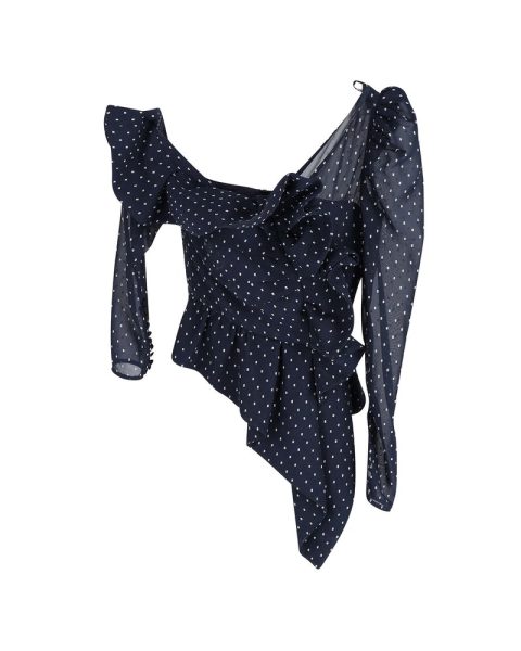 Self-Portrait One-Shoulder Ruffled Swiss-Dot Chiffon Top in Navy Blue Polyester