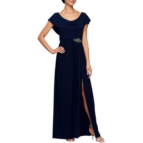 Petites Cowl Neck Embellished Evening Dress