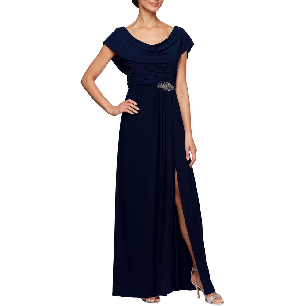 Petites Cowl Neck Embellished Evening Dress