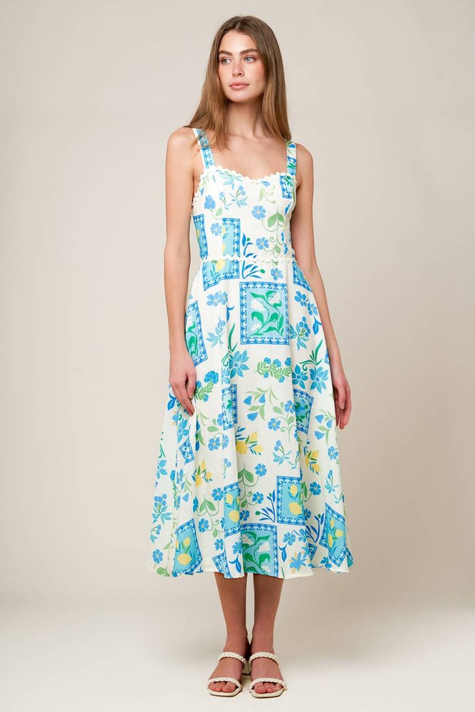 ON THE MOVE BLUE WOVEN MIDI DRESS