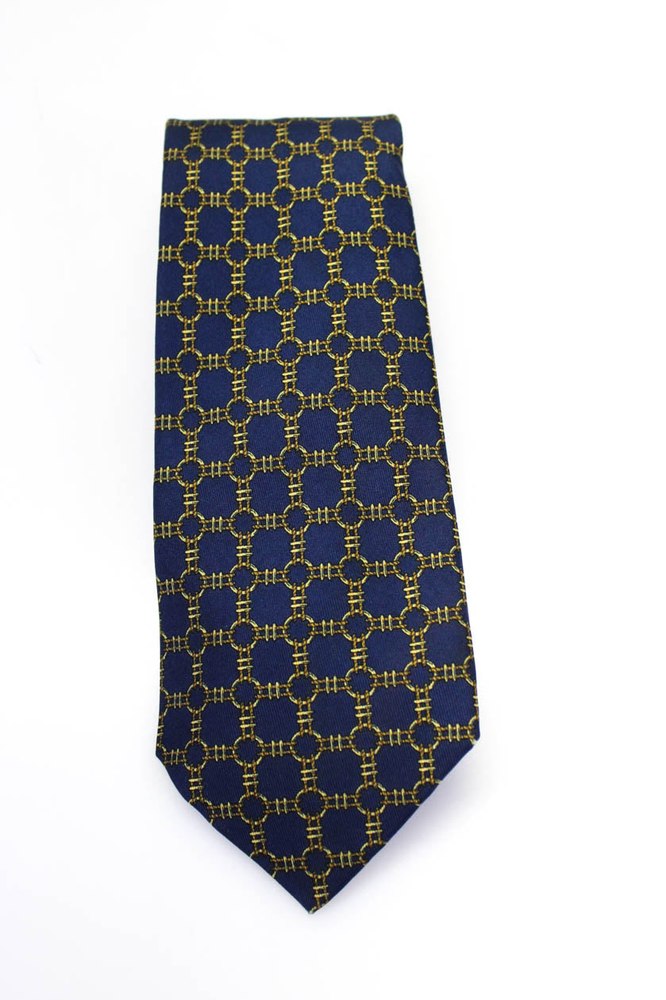 Hermes Mens Classic Width Abstract Print Silk Vintage Tie Navy Blue Brown