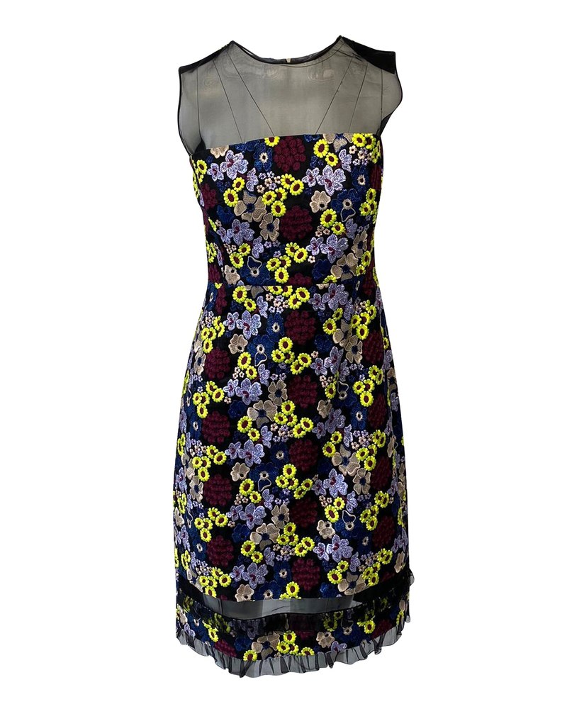 Erdem Floral Embroidered Sheath Dress with Mesh Neckline 7748715642940