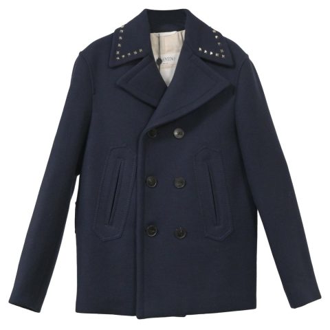 Valentino Garavani Rockstud Double-Breasted Pea Coat in Navy Blue Wool 7748712595516