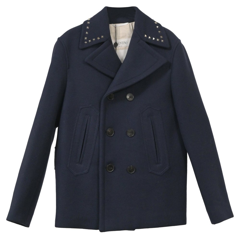 Valentino Garavani Rockstud Double-Breasted Pea Coat in Navy Blue Wool 7748712595516