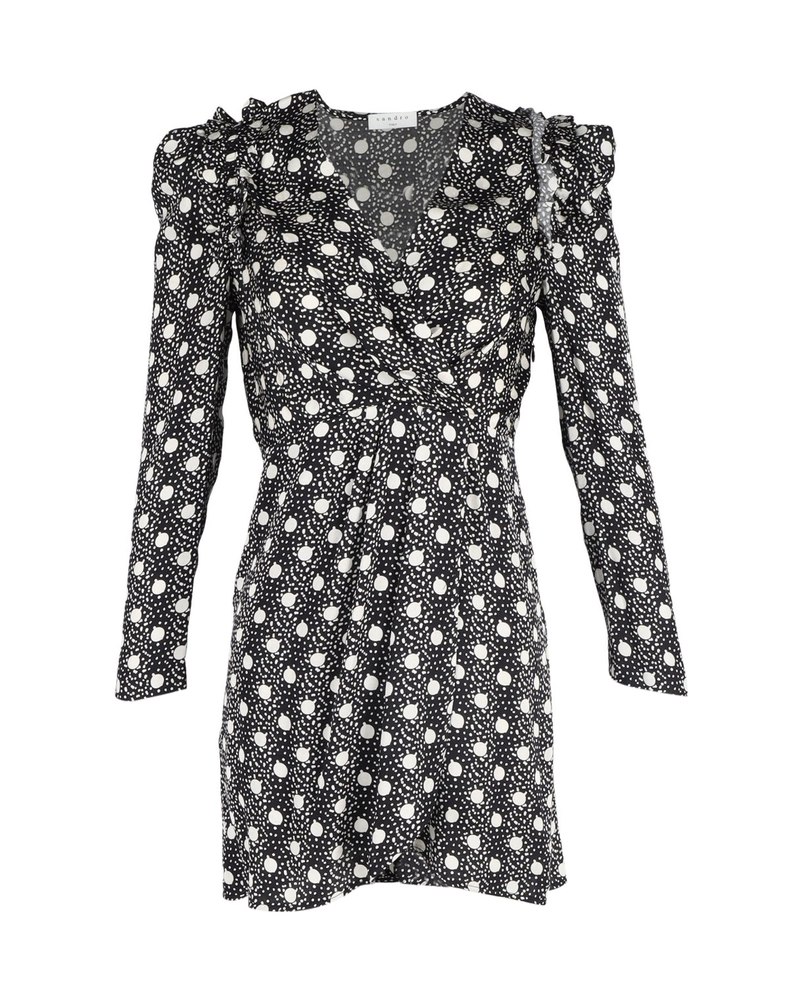 Sandro Polka-Dot Print Long-Sleeve Dress in Black Viscose 7748714430524