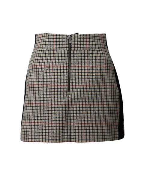 Maje Check Mini Skirt with Black Side Seam Panel in Beige Cotton