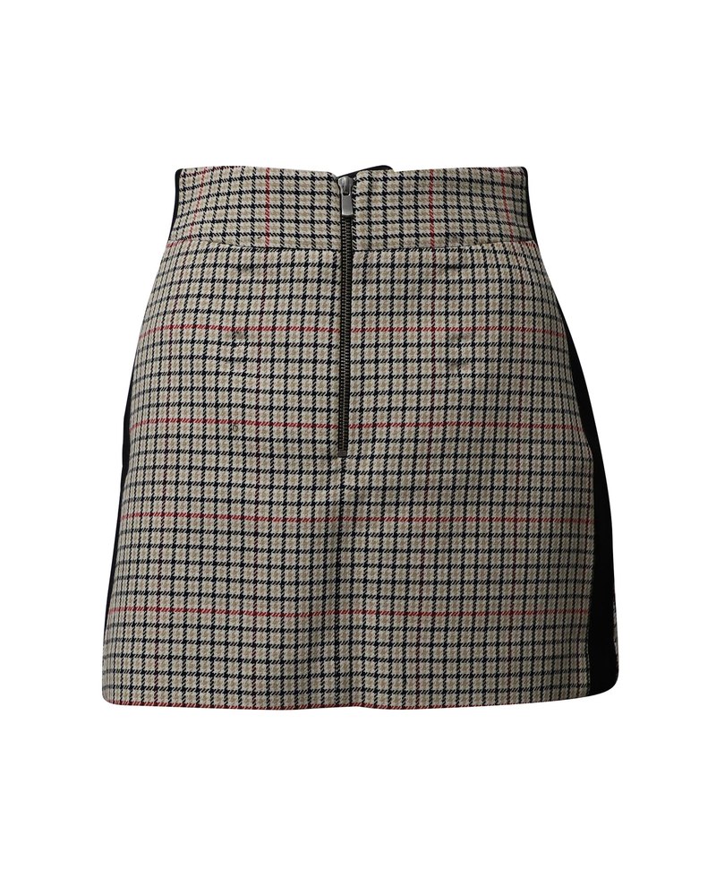 Maje Check Mini Skirt with Black Side Seam Panel in Beige Cotton