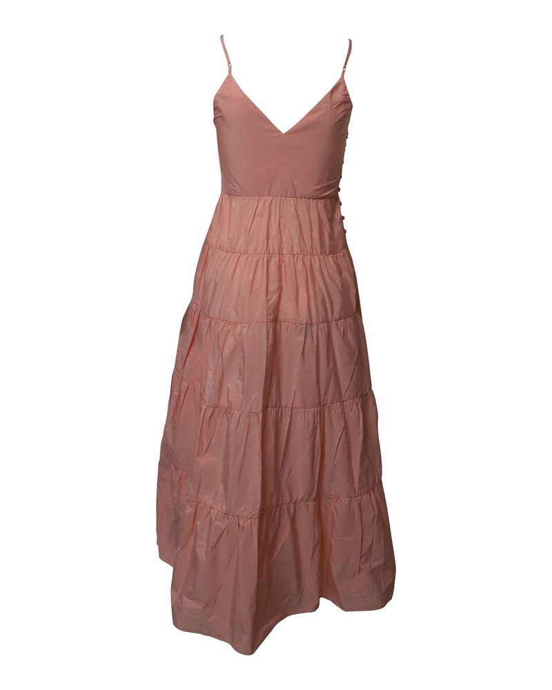Maje Tiered Strappy Sleeveless Maxi Dress in Peach Taffeta Polyester