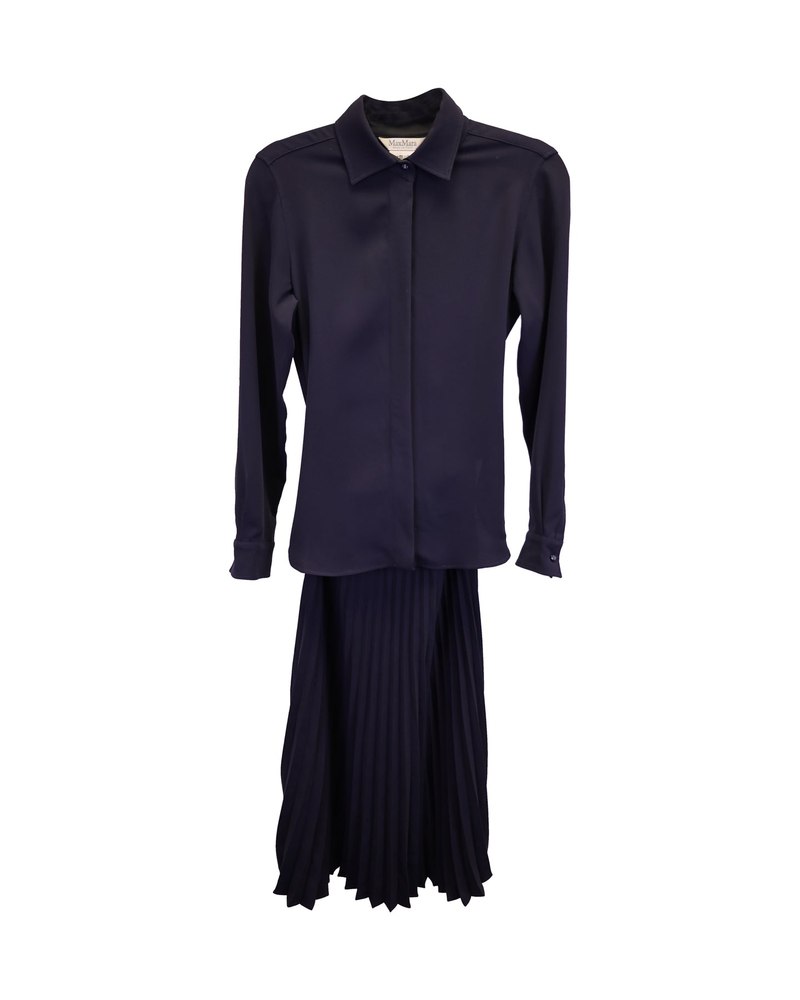 Max Mara Pleated Carmine Shirt Dress in Navy Blue Triacetate 7748720132156