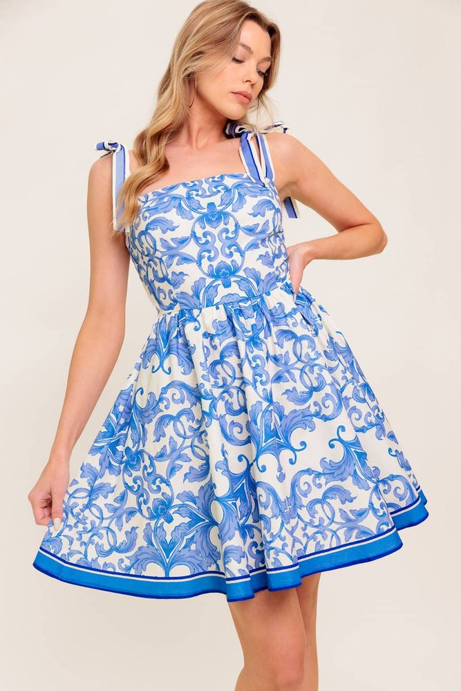 FLORENCE DAYS FLORAL BLUE WOVEN MINI DRESS