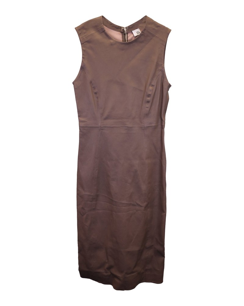 Iris & Ink Carrie Stretch Midi Dress in Brown Leather 7748716986428