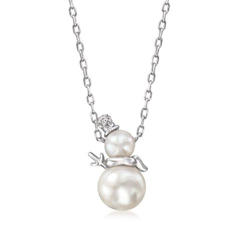 RS Pure by Ross-Simons 4-6.5mm Cultured Pearl Snowman Necklace With Diamond Accents in Sterling Silver