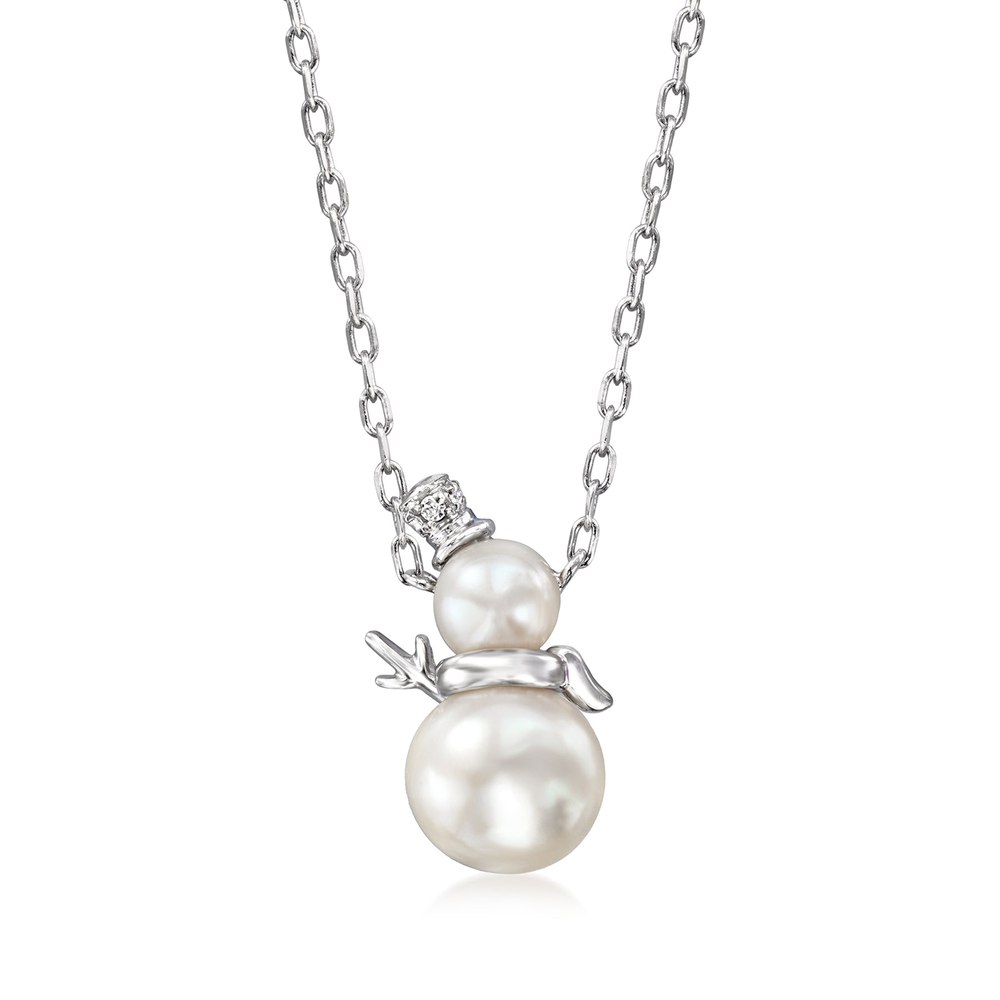 RS Pure by Ross-Simons 4-6.5mm Cultured Pearl Snowman Necklace With Diamond Accents in Sterling Silver
