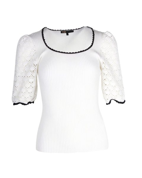 Maje Menta Crochet Sleeve Rib-Knit Top in White Viscose 7748727701564