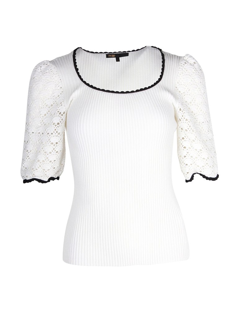 Maje Menta Crochet Sleeve Rib-Knit Top in White Viscose 7748727701564