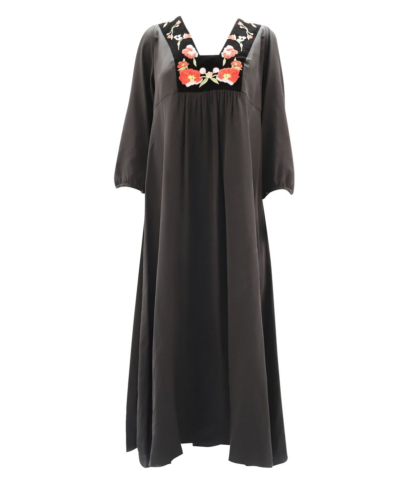 Vilshenko Embroidered Velvet-trimmed Midi Dress In Black Silk 7748728193084