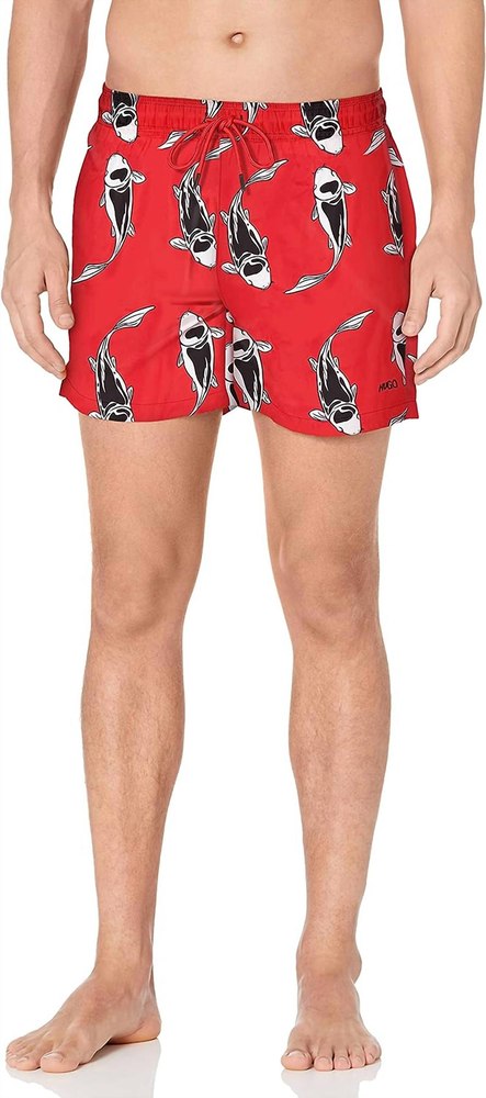 Men’s Fish Animal Print Drawstrings Waist Swim Shorts In Red
