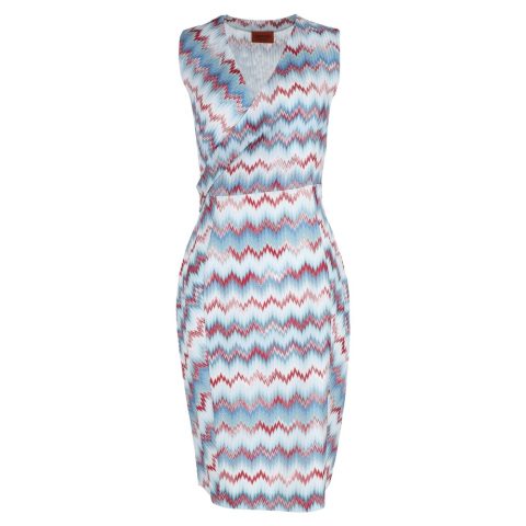 Missoni V-neck Sleeveless Mini Dress in Light Blue Zigzag Viscose 7748730716220