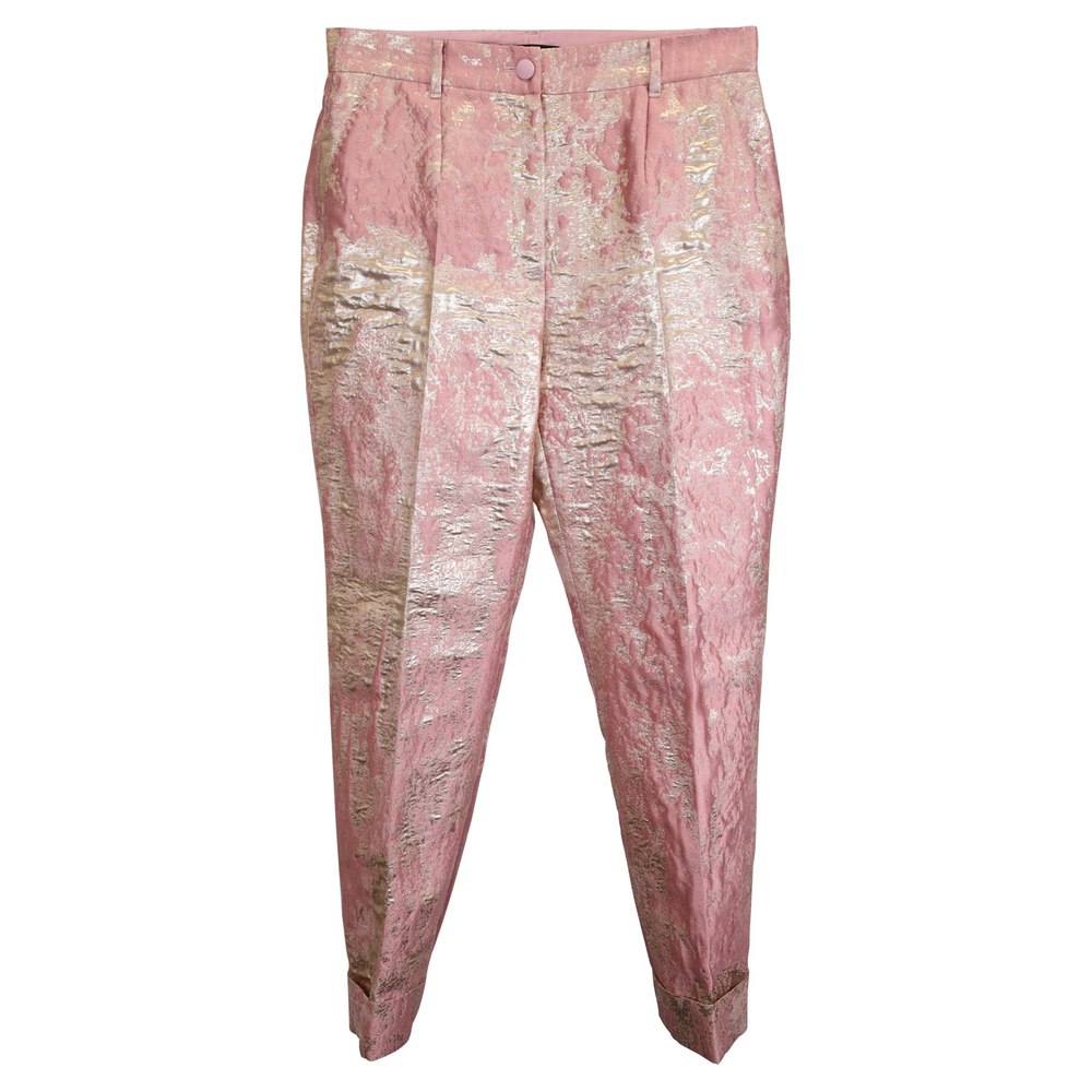 Dolce & Gabbana Cropped Jacquard Lame Slim Leg Pants in Pink Polyester 7748726718524