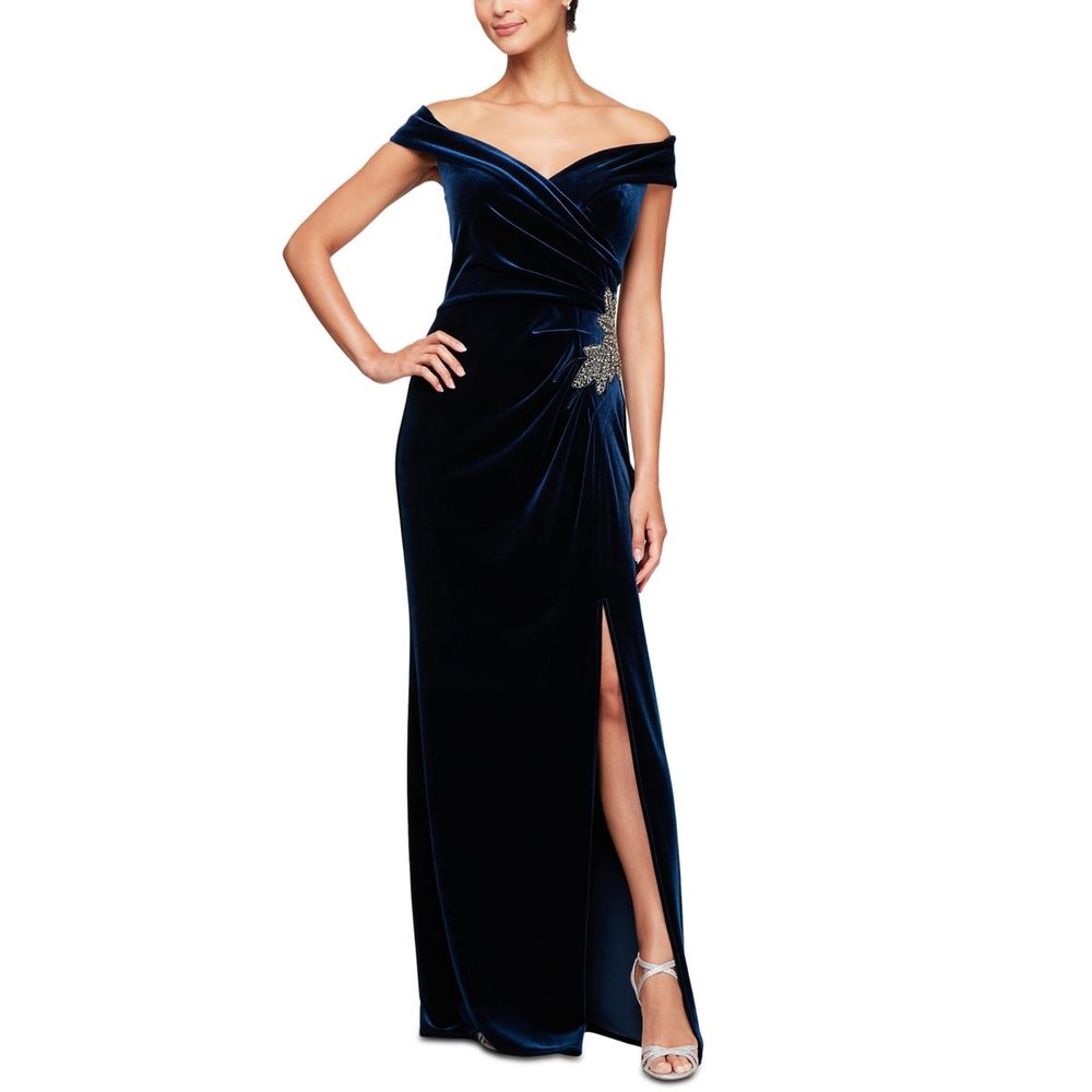 Petites Velvet Embroidered Evening Dress