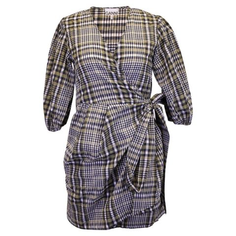 Ganni Wrap Mini Dress in Plaid Brown Cotton 7748729438268