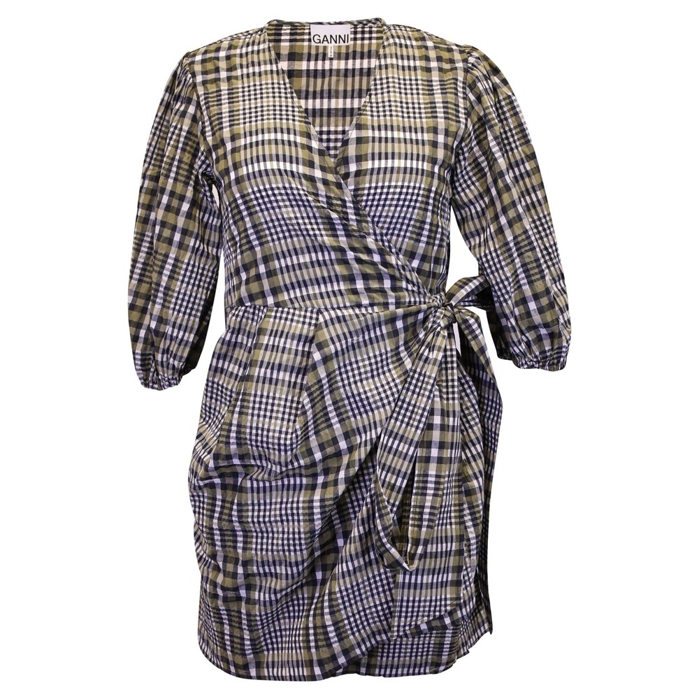 Ganni Wrap Mini Dress in Plaid Brown Cotton 7748729438268
