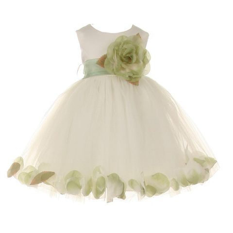 Baby Girls Ivory Sage Petal Adorned Satin Tulle Flower Girl Dress 6-24M