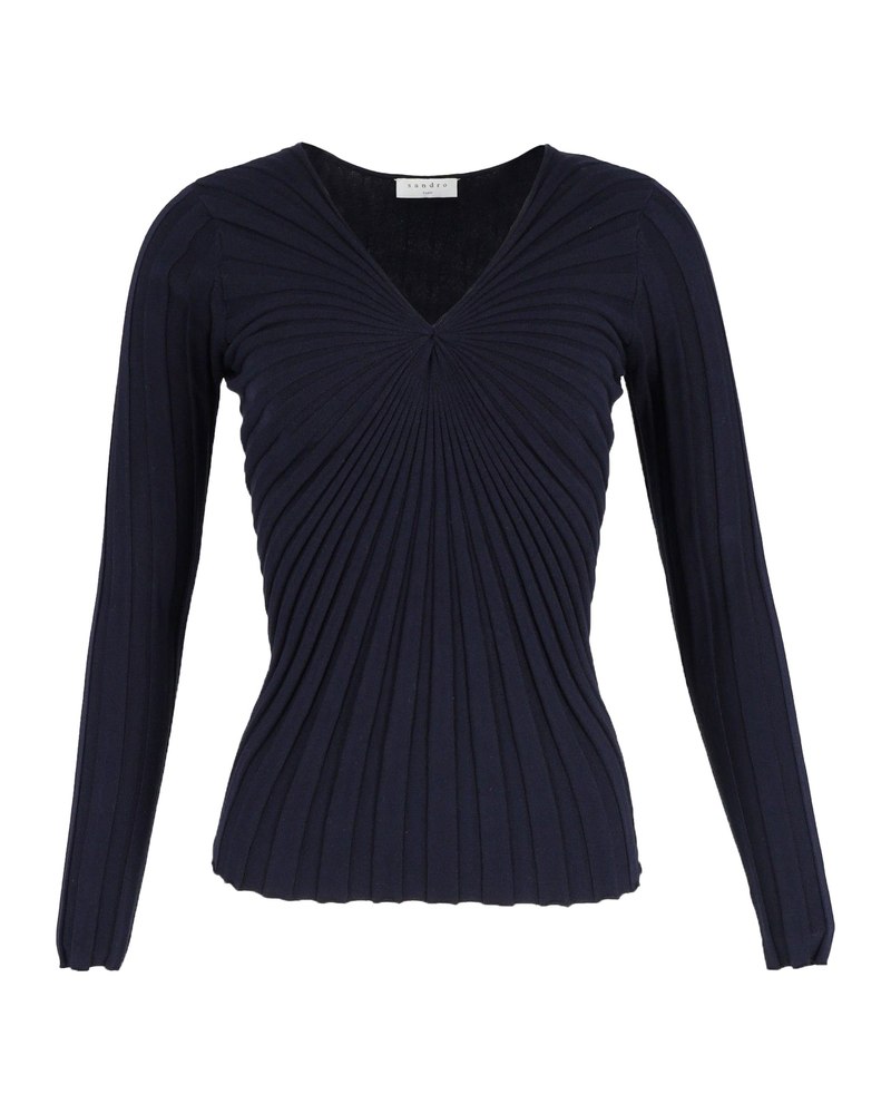 Sandro Justine V-Neck Knit Jumper in Navy Blue Cotton 7748733075516