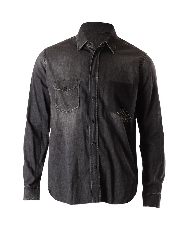 Saint Laurent Frayed Hem Button Front Shirt in Grey Cotton Denim 7748734779452
