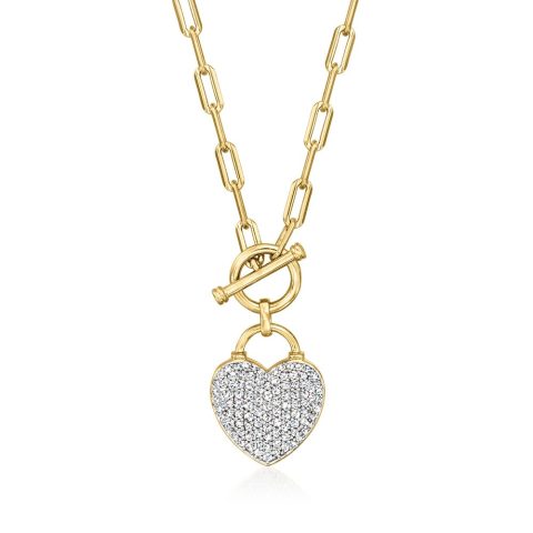 Ross-Simons Diamond Heart Lock Toggle Necklace in 18kt Gold Over Sterling and Sterling Silver