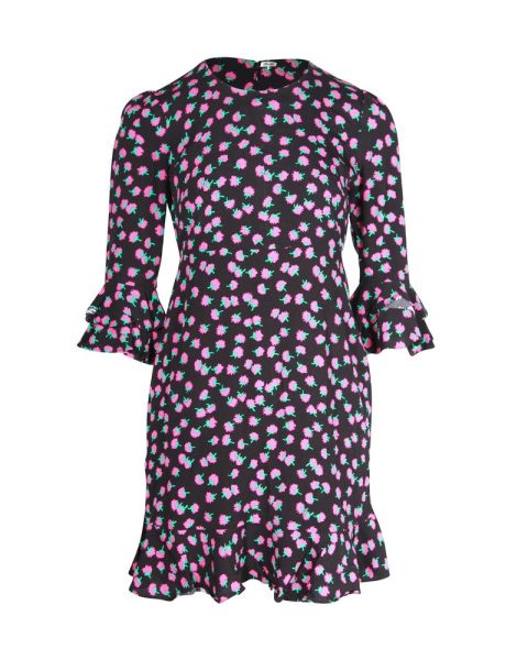 Diane Von Furstenberg Floral-Print 3/4 Sleeve Mini Dress in Black Viscose 7748738908220