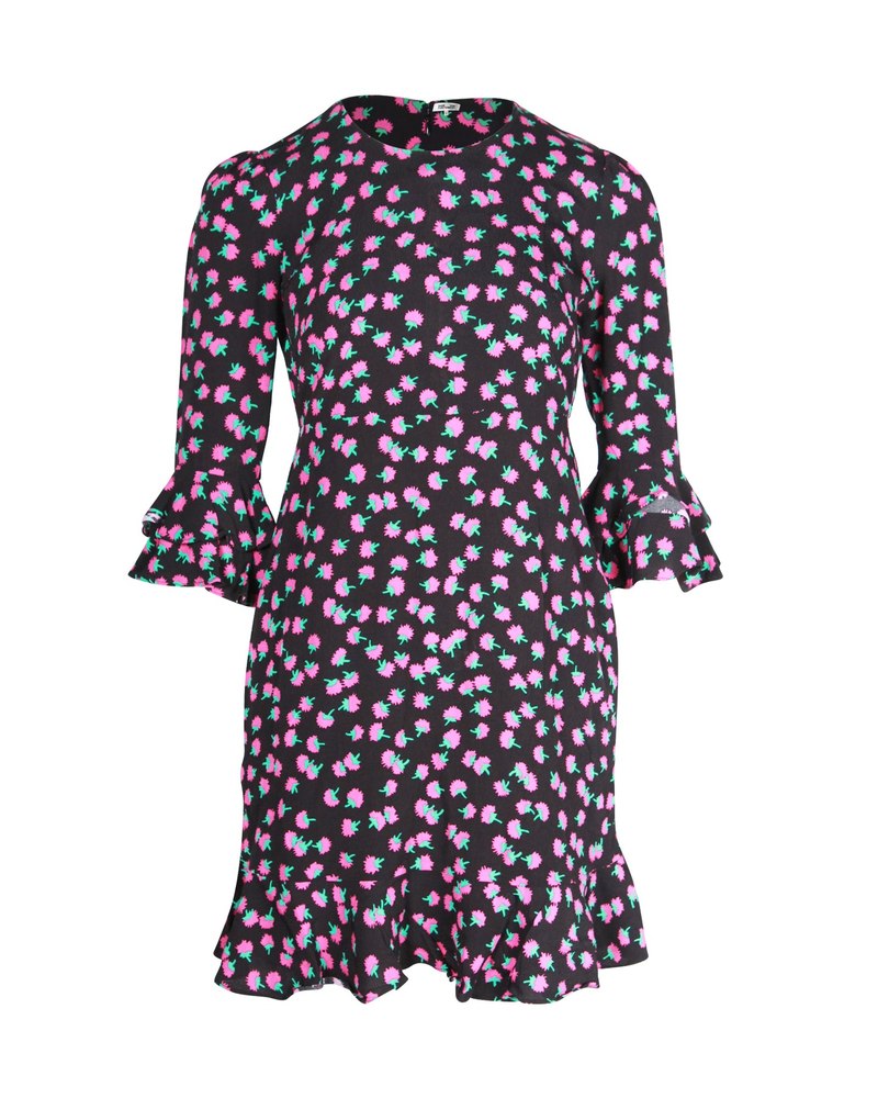Diane Von Furstenberg Floral-Print 3/4 Sleeve Mini Dress in Black Viscose 7748738908220