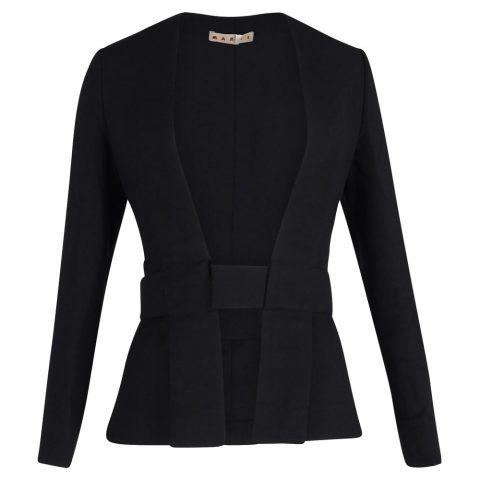 Marni Collarless Jacket with Waist Belt in Black Wool 7748738056252