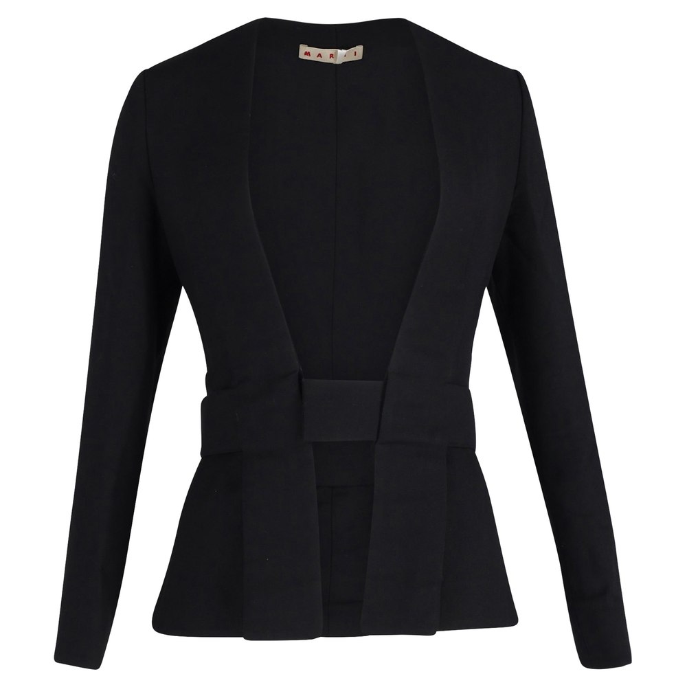 Marni Collarless Jacket with Waist Belt in Black Wool 7748738056252