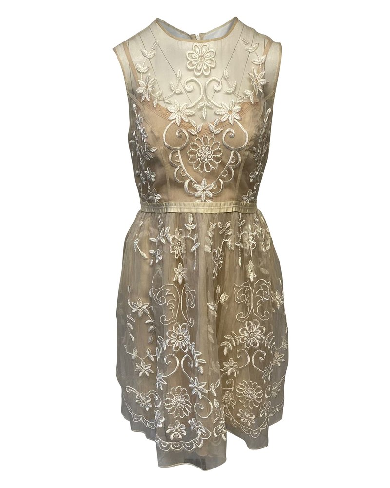 Needle & Thread Sleeveless Lace Dress in Beige Silk 7748740186172