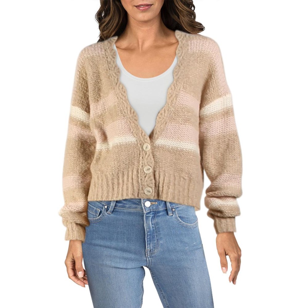 Wool Blend Scalloped Trim Cardigan Sweater
