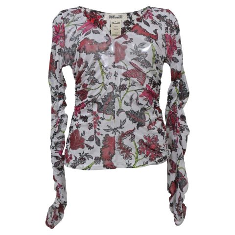 Diane Von Furstenberg Sheer Leaf Print Top in White Nylon 7748745887804