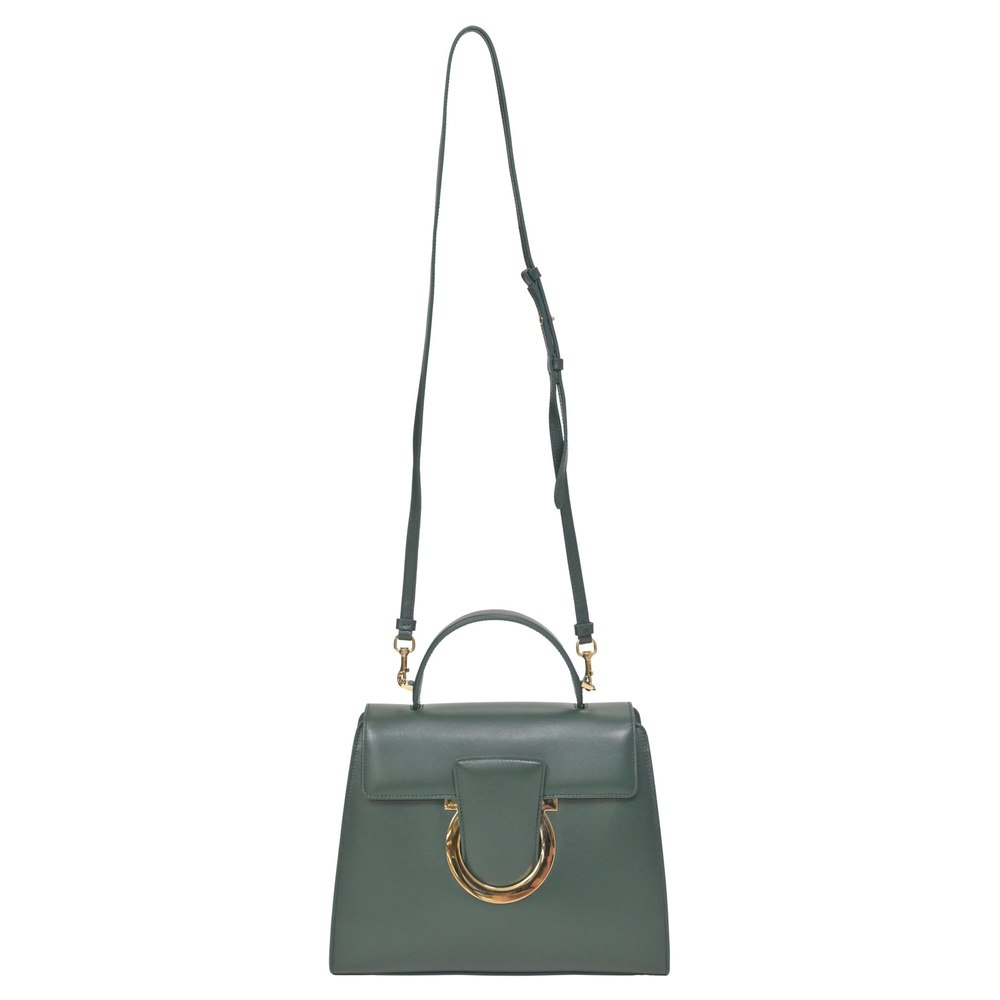Salvatore Ferragamo Thalia Gancini Shoulder Bag In Olive Green Calfskin Leather 7748750540860