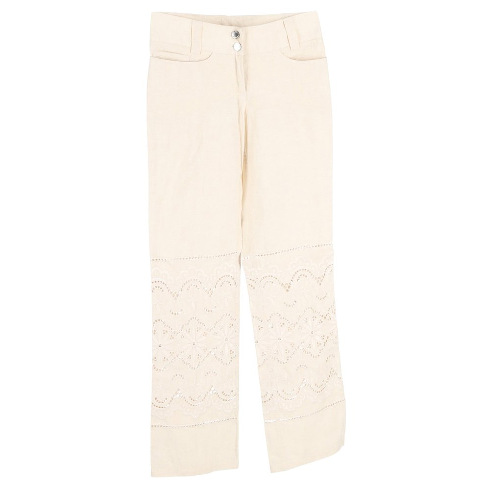 Dolce & Gabbana Lace Cutout Flower Trousers in White Linen 7748752244796