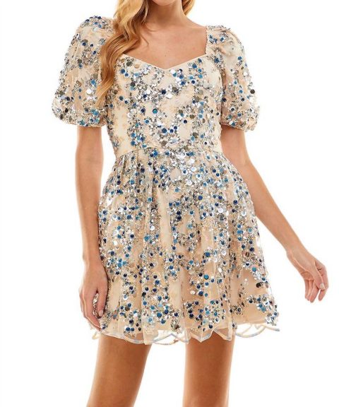 Sequin Sweetheart Dress In Silver, Blue, And Nude Sequins