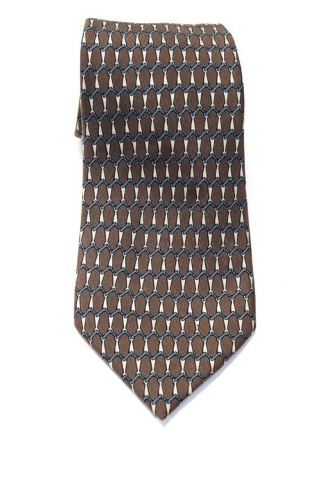 Hermes Mens Classic Width Cage Printed Silk Tie Brown White Blue