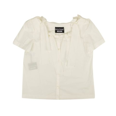 White Bow Accented Short Sleeve Blouse