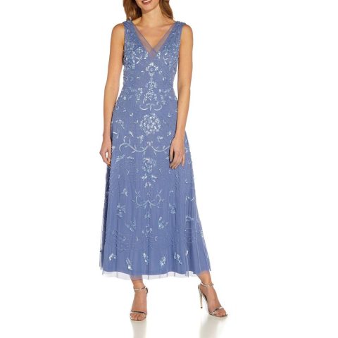 Sequined Mesh Trim V-Neck Tea Length Evening Dress