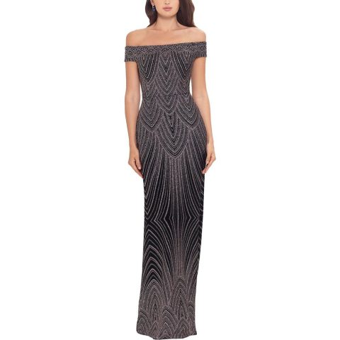Petites Glitter Off The Shoulder Evening Dress